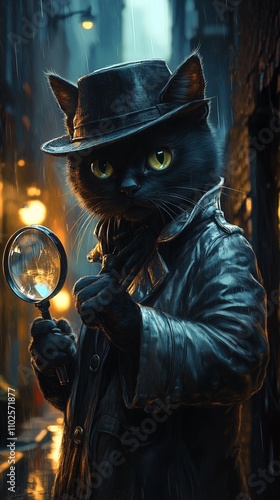 Detective Cat Investigation in Dark Alley During Rainy Night, Mystery and Suspense with Dramatic Lighting and Unique Character Design