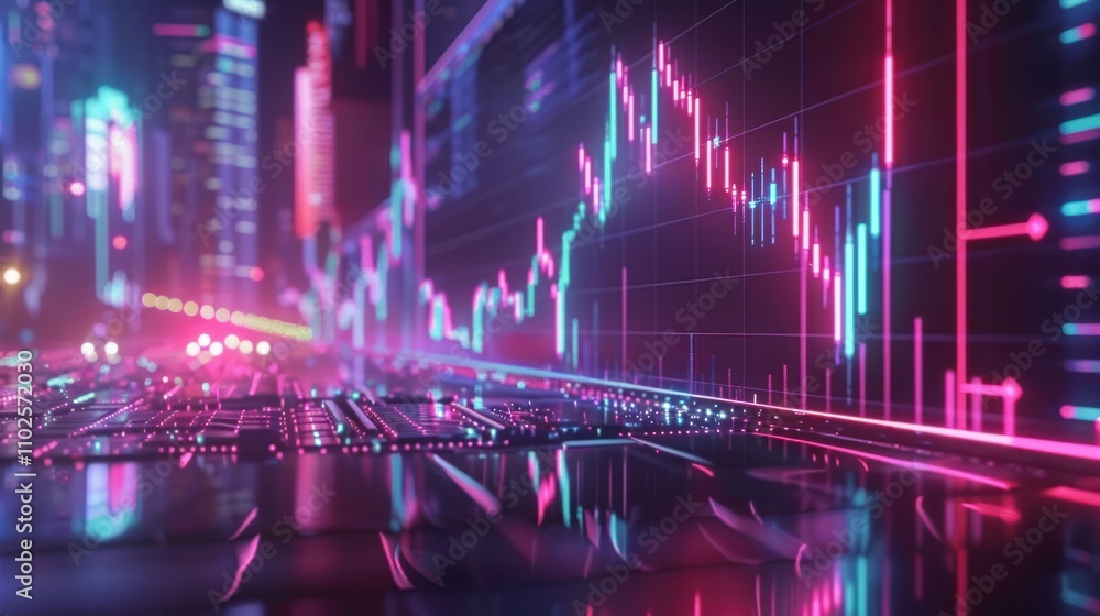 Futuristic cityscape with vibrant stock market data displayed on a digital screen. Futuristic cityscape with vibrant stock market data displayed on a digital screen.