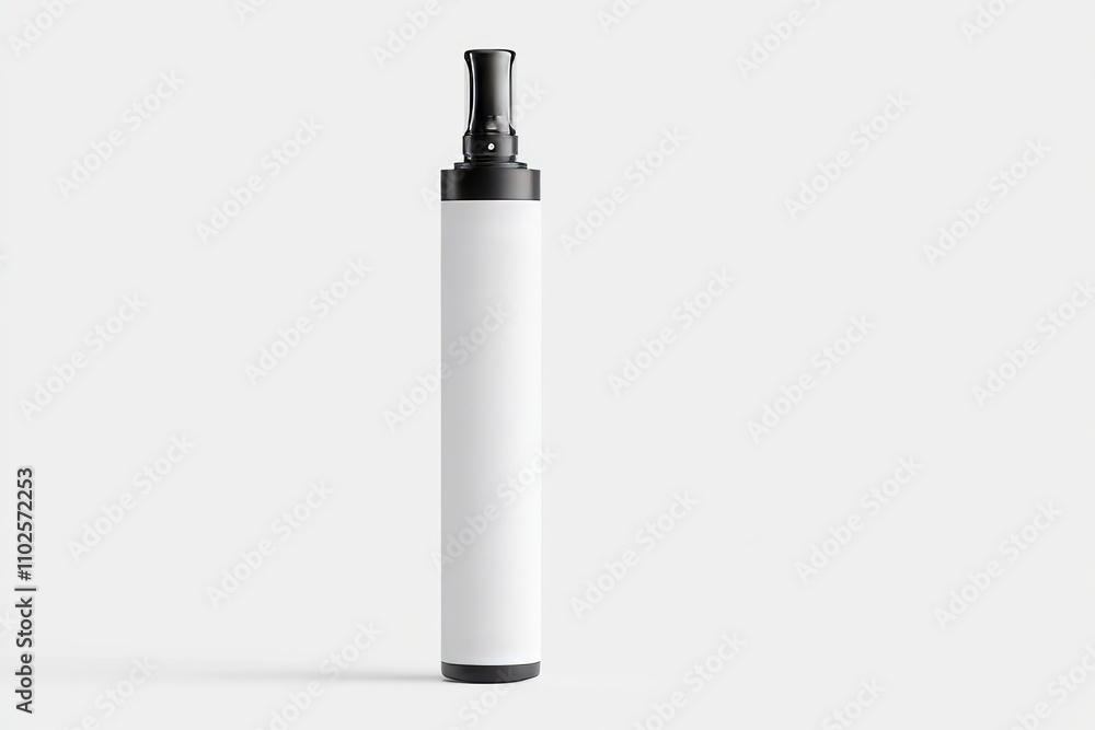 A white and black bottle with a black cap, electronic cigarette mockup A white and black bottle with a black cap, electronic cigarette mockup