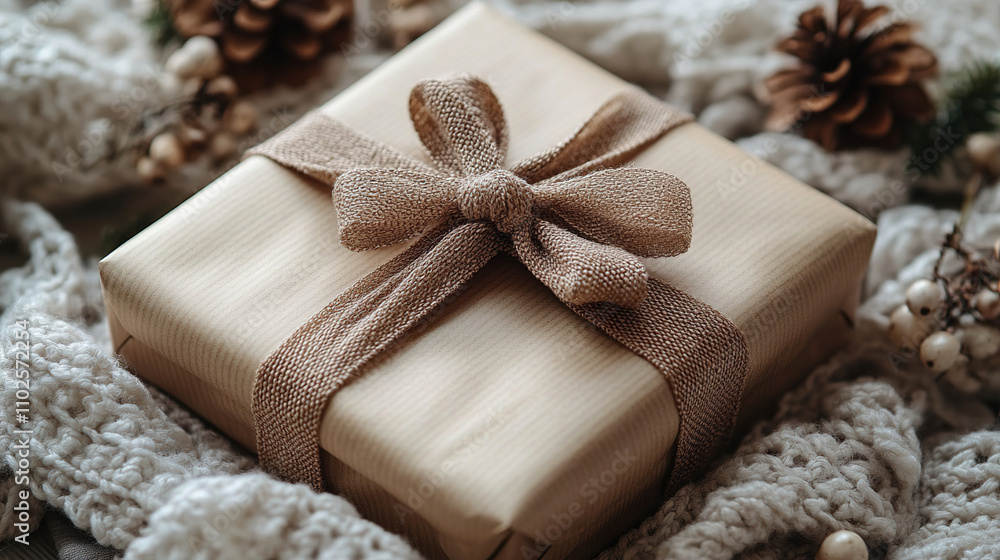 Beautifully wrapped gift sits atop a cozy knitted blanket surrounded by pine cones and holiday decorations during winter. Generative AI Beautifully wrapped gift sits atop a cozy knitted blanket surrounded by pine cones and holiday decorations during winter. Generative AI