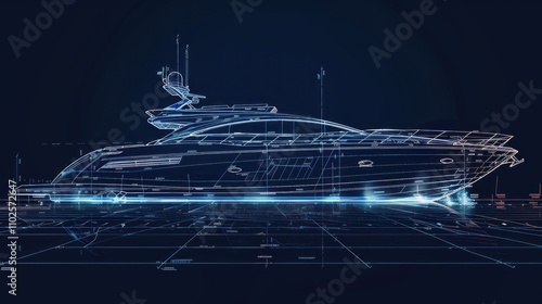 Wireframe yacht design on dark background.