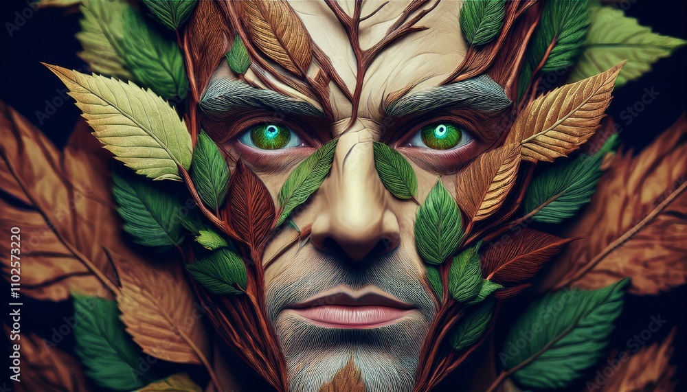 A man with a wrinkled face, surrounded by colorful leaves and wood, with dark green eyes, creating a unique, nature-inspired portrait. A man with a wrinkled face, surrounded by colorful leaves and wood, with dark green eyes, creating a unique, nature-inspired portrait.
