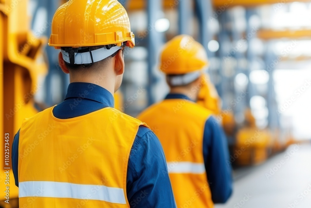 Petroleum and fuel consumption, Two construction workers in safety gear, including yellow helmets and vests, are walking through an industrial warehouse setting. Petroleum and fuel consumption, Two construction workers in safety gear, including yellow helmets and vests, are walking through an industrial warehouse setting.