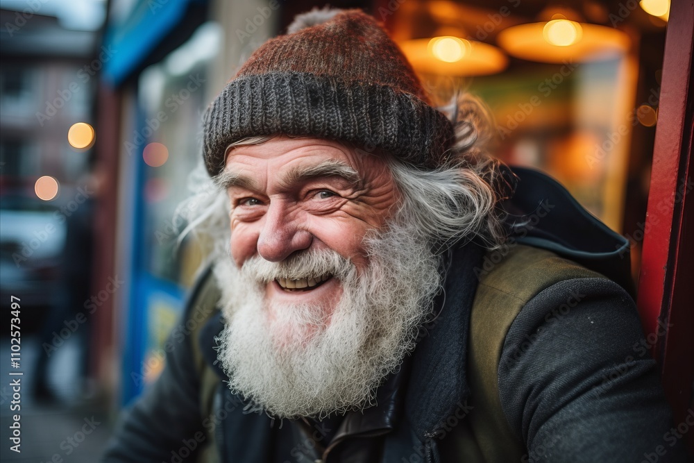 Portrait of a senior man with a long white beard and gray hair on a city street. Portrait of a senior man with a long white beard and gray hair on a city street.