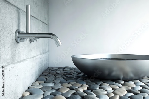 Minimalist zen bathroom with river rock flooring, a wall-mounted faucet, and a deep soaking tub. photo