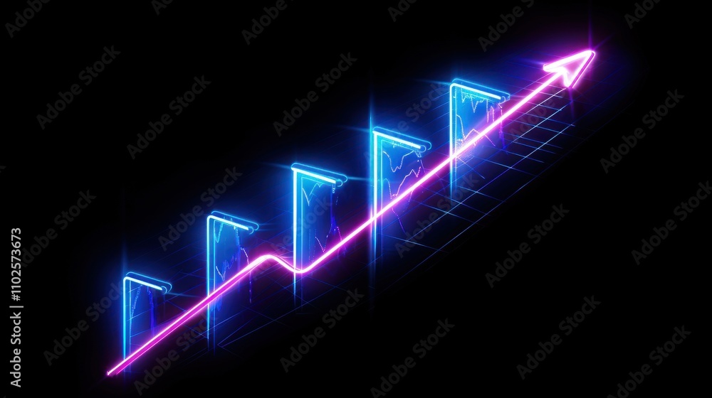 Neon upward trend graph showing growth. Neon upward trend graph showing growth.