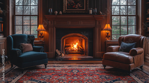 Cozy living room with fireplace and warm lighting creates an inviting atmosphere for relaxation on a winter evening. Generative AI