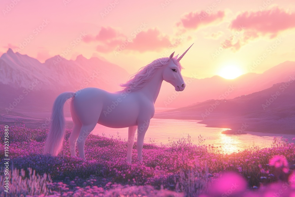 Majestic white unicorn standing in a dreamy pinkish-purple landscape with soft lighting and a tranquil atmosphere Majestic white unicorn standing in a dreamy pinkish-purple landscape with soft lighting and a tranquil atmosphere
