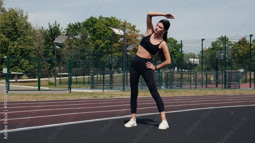 Young girl doing warm-up exercises before training. Bending the body to the side with stretching the arm. Fitness workout. Sport instructor. Healthy activity. Fit woman doing sports training outdoor Young girl doing warm-up exercises before training. Bending the body to the side with stretching the arm. Fitness workout. Sport instructor. Healthy activity. Fit woman doing sports training outdoor
