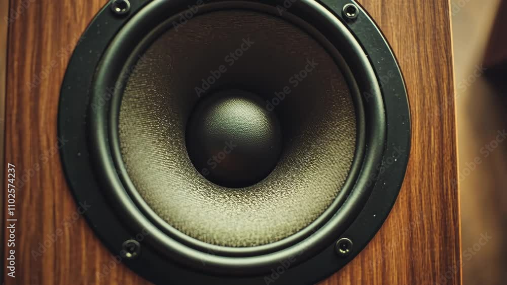 High-quality speaker with wooden exterior emitting rich sound in a cozy room setting High-quality speaker with wooden exterior emitting rich sound in a cozy room setting