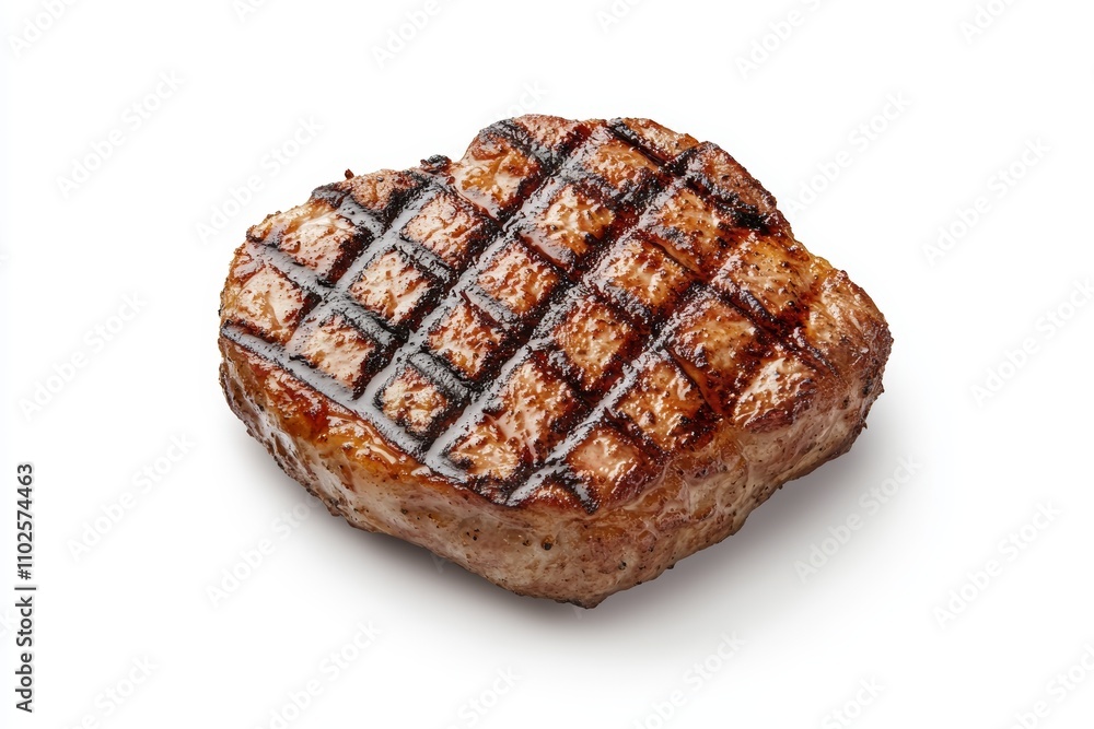 A piece of meat is grilled and has a lot of black grill marks A piece of meat is grilled and has a lot of black grill marks