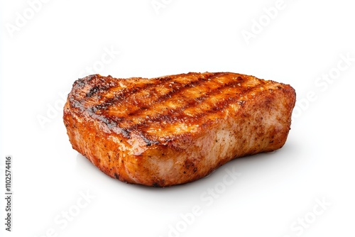 A piece of meat is grilled and has a lot of seasoning on it