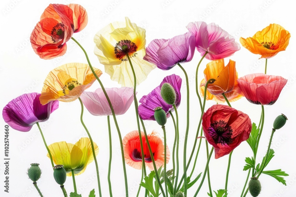 Fototapeta premium Colorful poppies blooming in sunlight, showcasing vibrant petals and natural beauty. Floral arrangement with diverse colors creating a joyful atmosphere.