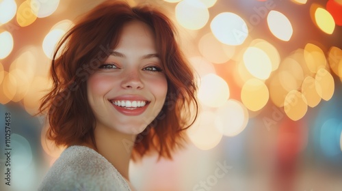 Smiling young woman with curly hair standing in front of blurred lights in an urban setting during evening hours.