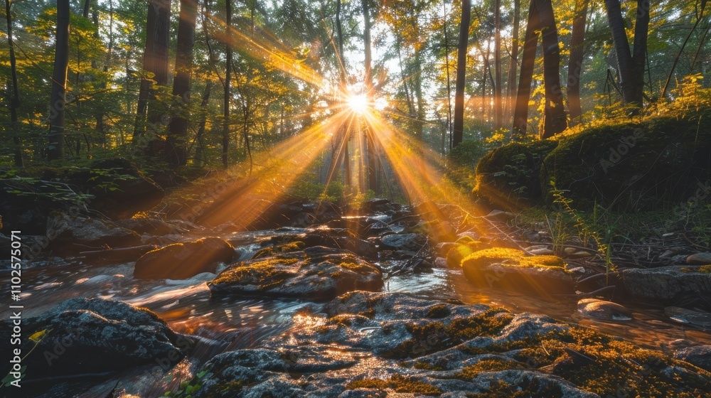 Obraz premium Sunbeams illuminating a forest stream at sunrise.