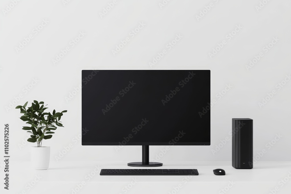 A black computer monitor sits on a desk next to a keyboard and mouse A black computer monitor sits on a desk next to a keyboard and mouse
