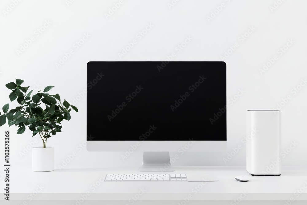 A computer monitor sits on a desk next to a potted plant