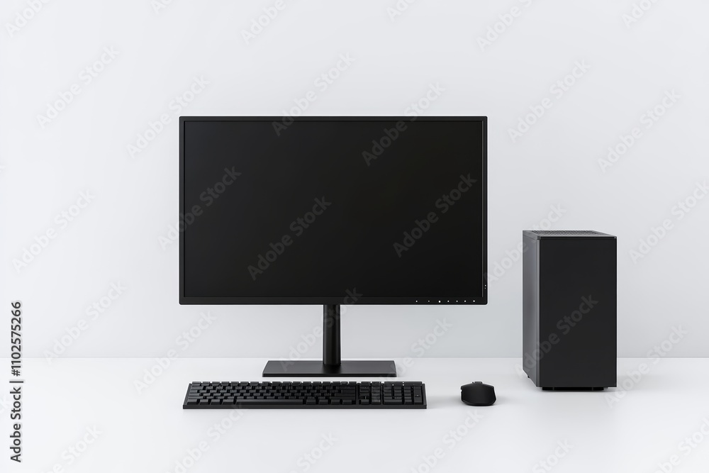 A black computer monitor sits on a white desk next to a keyboard and mouse