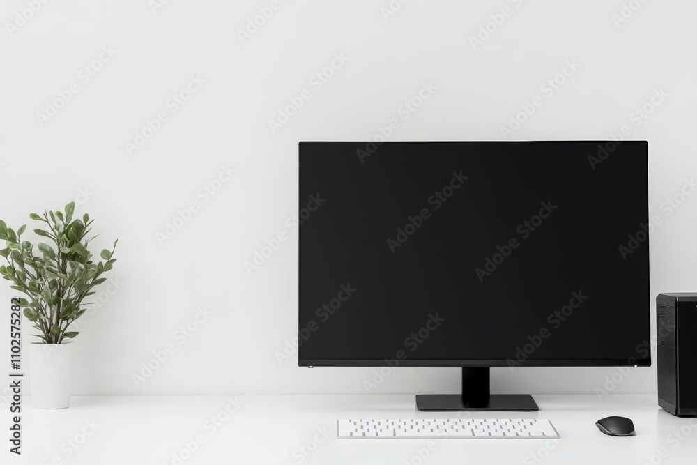 A black computer monitor sits on a desk next to a keyboard and mouse A black computer monitor sits on a desk next to a keyboard and mouse
