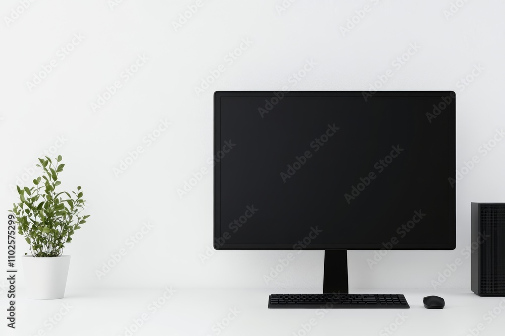 A black computer monitor sits on a desk next to a keyboard and mouse A black computer monitor sits on a desk next to a keyboard and mouse
