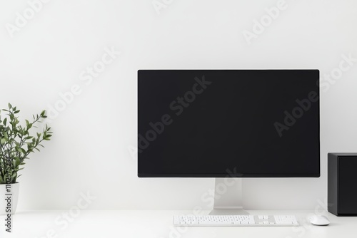 A computer monitor sits on a desk next to a potted plant