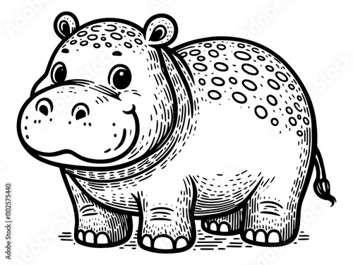 Cute baby hippo with large eyes surrounded by flowers in black and white, generative ai.