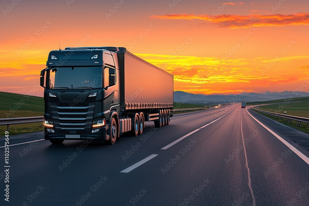 Petroleum and fuel consumption, A black truck drives along a highway at sunset, with vibrant orange and purple skies creating a dramatic backdrop. Petroleum and fuel consumption, A black truck drives along a highway at sunset, with vibrant orange and purple skies creating a dramatic backdrop.