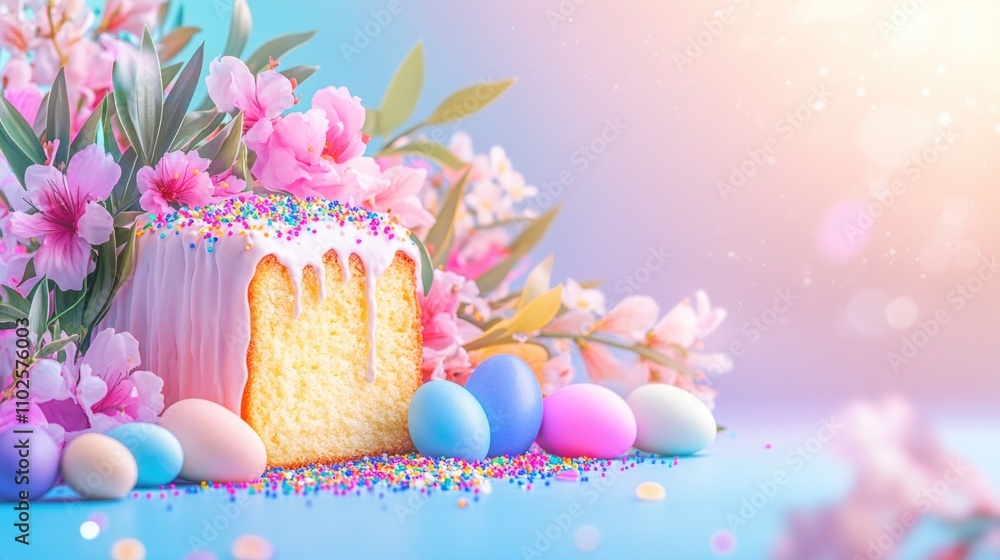 Vibrant spring cake with pastel easter eggs and blossoms. Happy Easter Vibrant spring cake with pastel easter eggs and blossoms. Happy Easter