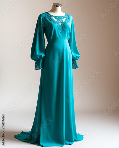 turquoise evening dress on a mannequin