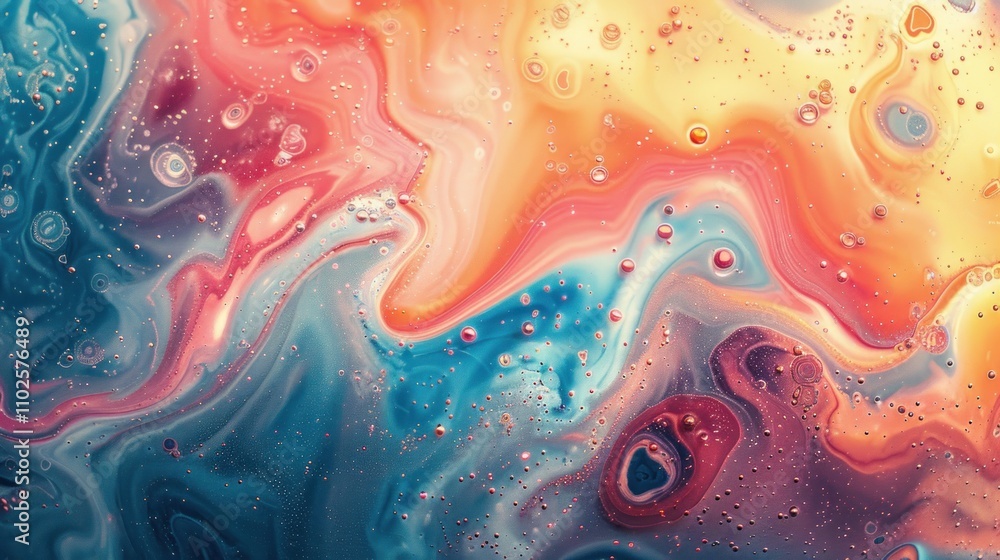 Abstract swirling paint texture with vibrant orange, red, blue, and teal colors and small bubbles. Abstract swirling paint texture with vibrant orange, red, blue, and teal colors and small bubbles.