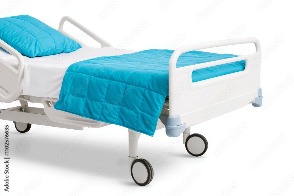 A hospital bed with a blue blanket and white sheets A hospital bed with a blue blanket and white sheets