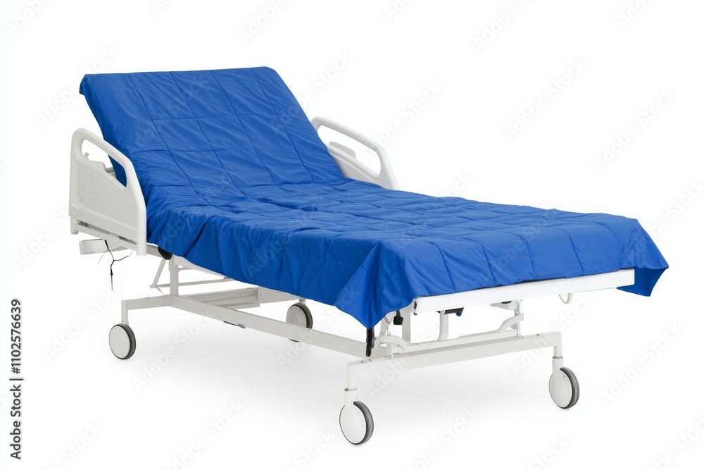 A hospital bed with a blue blanket on it A hospital bed with a blue blanket on it