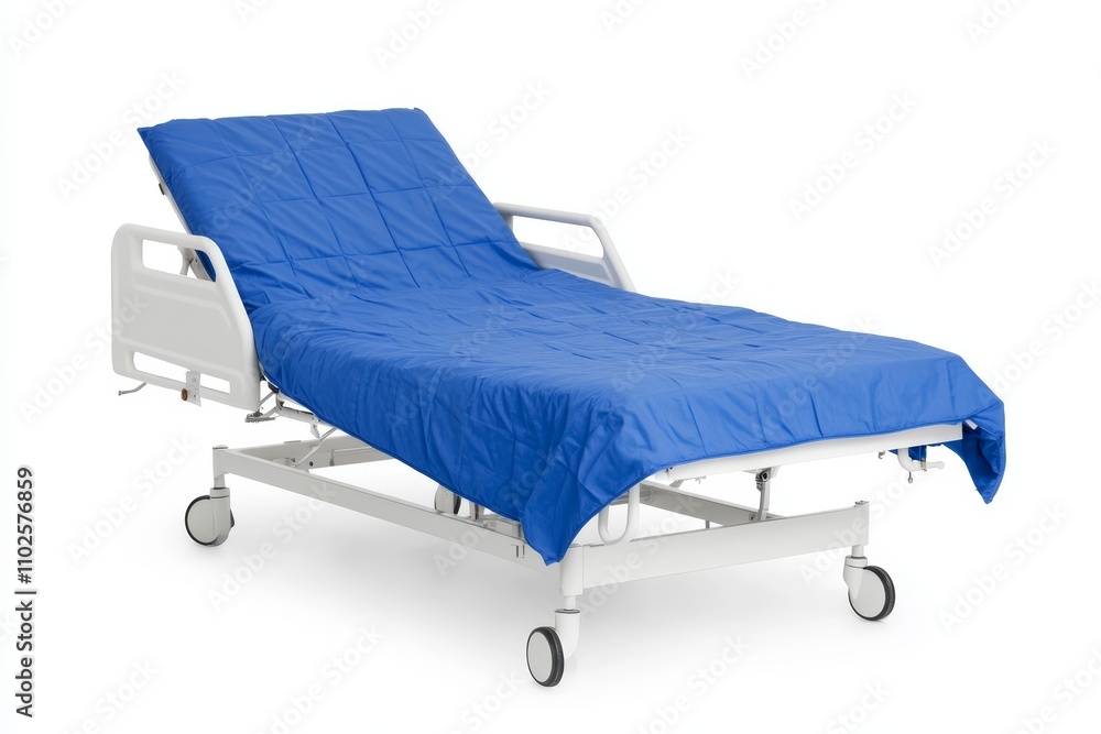 A blue hospital bed with a blue blanket on it A blue hospital bed with a blue blanket on it