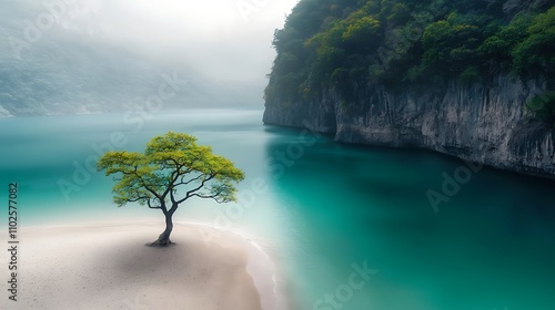 A stunning aerial view of a lush, green forest meeting a crystal-clear ocean, illustrating the beauty of our planet. In the foreground, a single tree stands tall on the edge of a cliff, symbolizing 