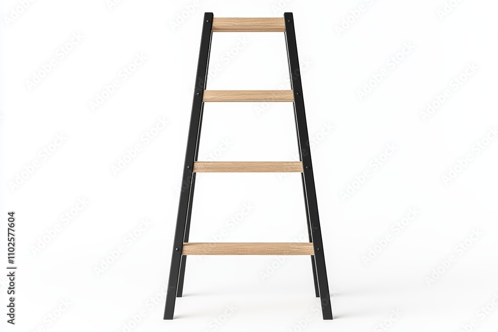 A wooden ladder with black metal steps A wooden ladder with black metal steps