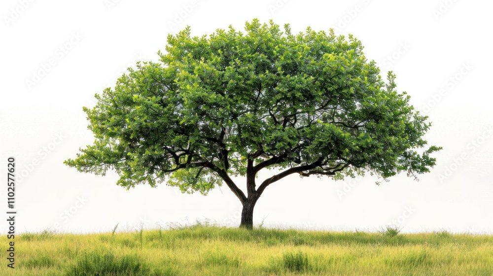 Lush green tree on grassy hill, isolated on white background. Lush green tree on grassy hill, isolated on white background.