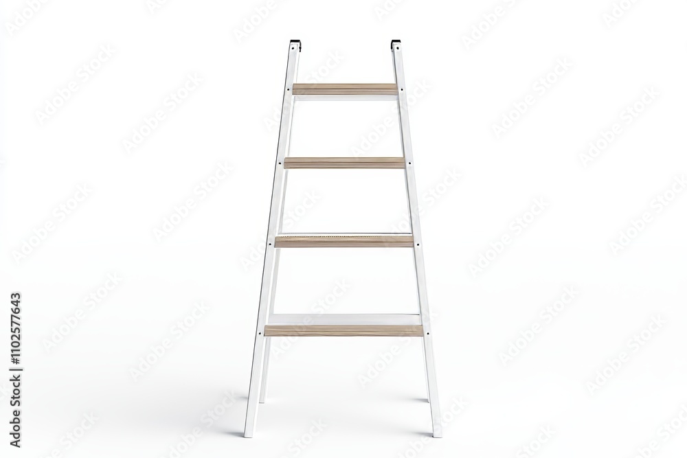 A white ladder with wooden shelves is standing upright on a white background A white ladder with wooden shelves is standing upright on a white background