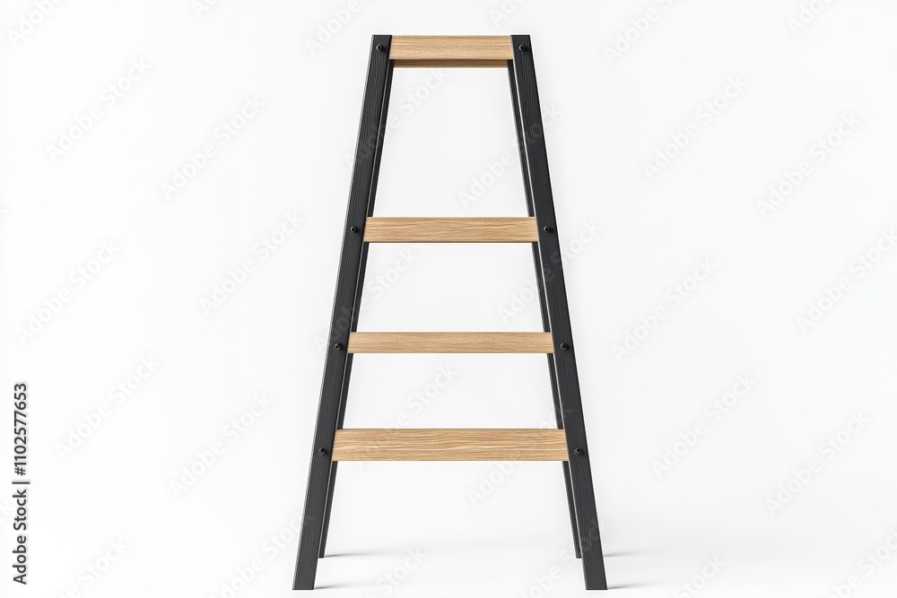 A wooden ladder with black metal steps A wooden ladder with black metal steps