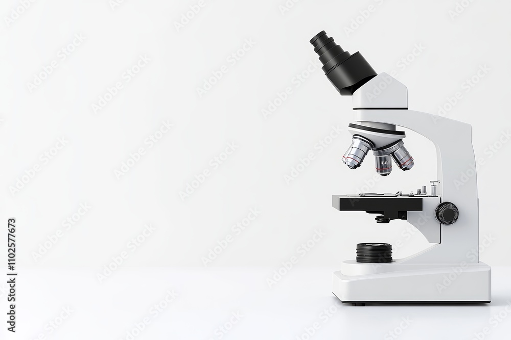 A microscope is on a white background A microscope is on a white background