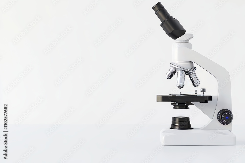 A microscope is on a white background A microscope is on a white background