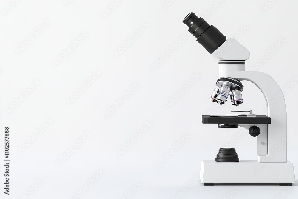 A microscope is on a white background A microscope is on a white background
