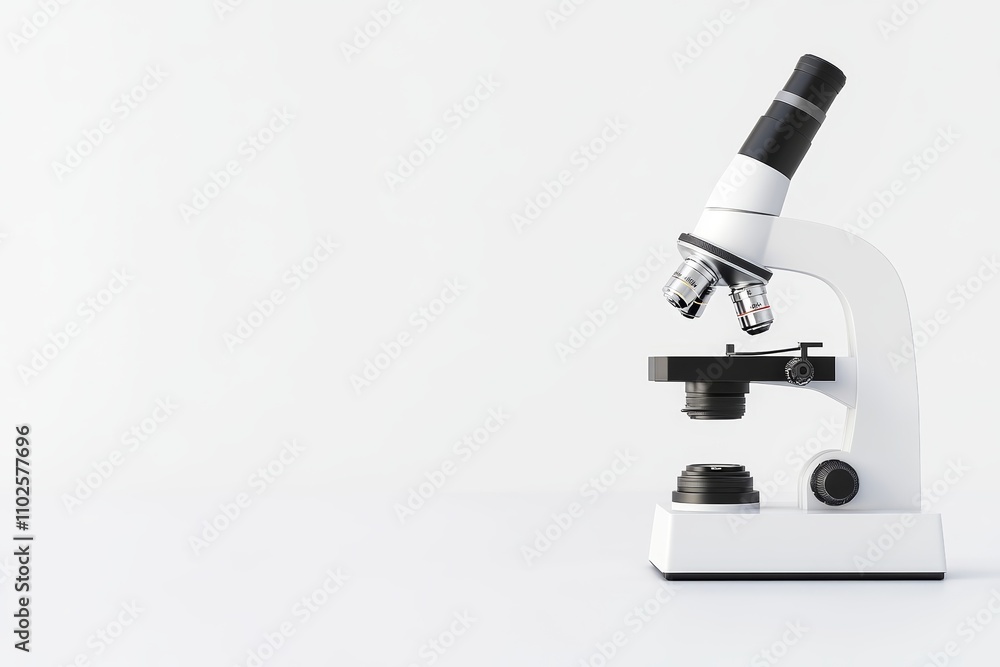 A microscope is on a white background A microscope is on a white background