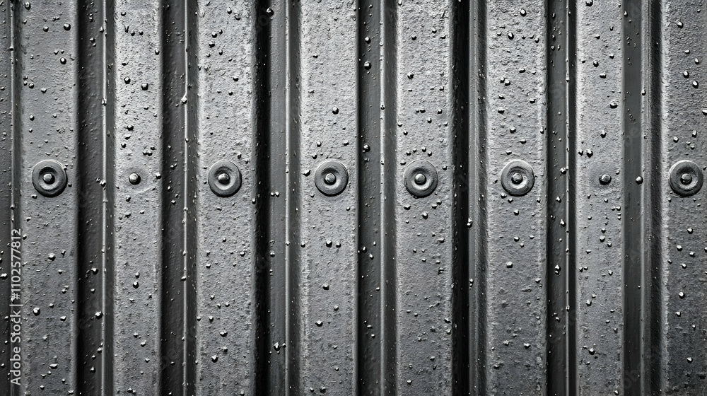 Obraz premium Dark Gray Corrugated Metal Texture Background, Industrial Abstract Surface with Rivets and Water Droplets
