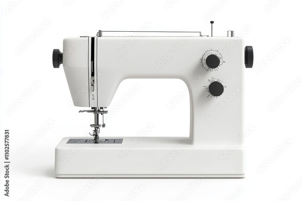 A white sewing machine with a black and silver handle