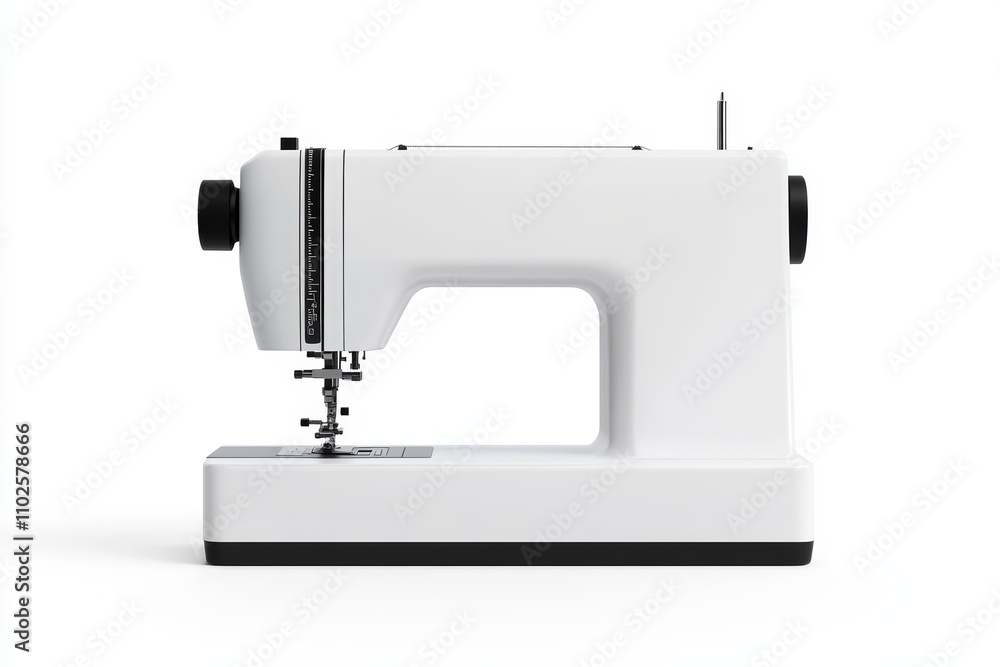 A white sewing machine with a black handle A white sewing machine with a black handle