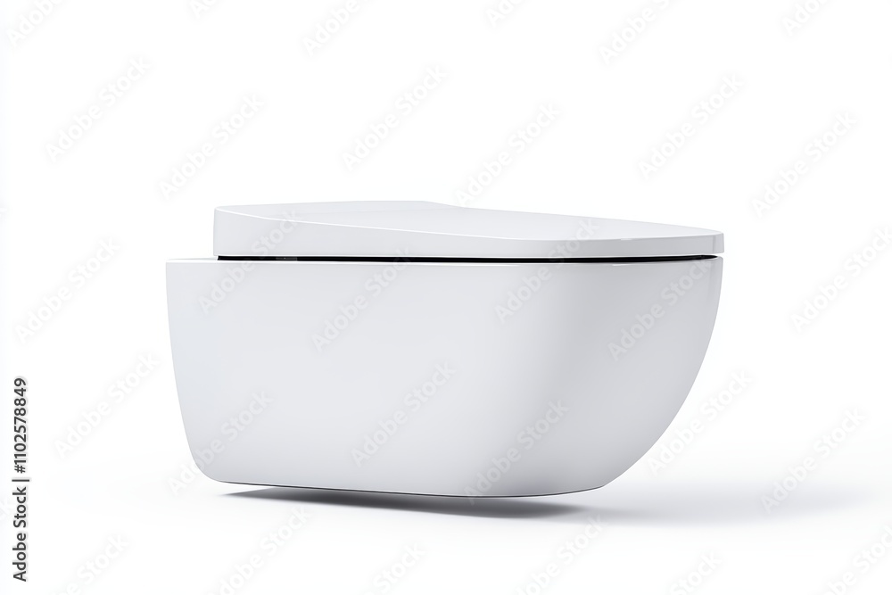 A white toilet with a lid is shown on a white background A white toilet with a lid is shown on a white background