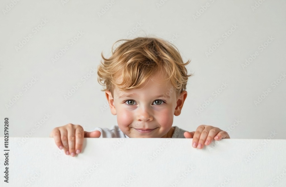 young boy tousled blond hair peeking over blank white banner, smiling gently with curious and innocent expression, set against clean light gray background, ideal for creative designs or messaging young boy tousled blond hair peeking over blank white banner, smiling gently with curious and innocent expression, set against clean light gray background, ideal for creative designs or messaging