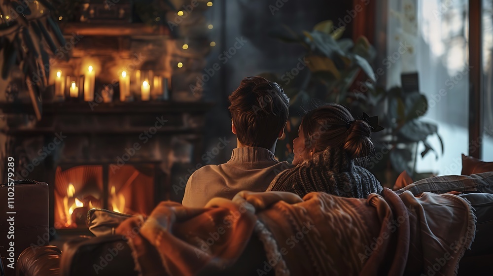 Cozy Couple by the Fireplace in a Winter Cabin Cozy Couple by the Fireplace in a Winter Cabin