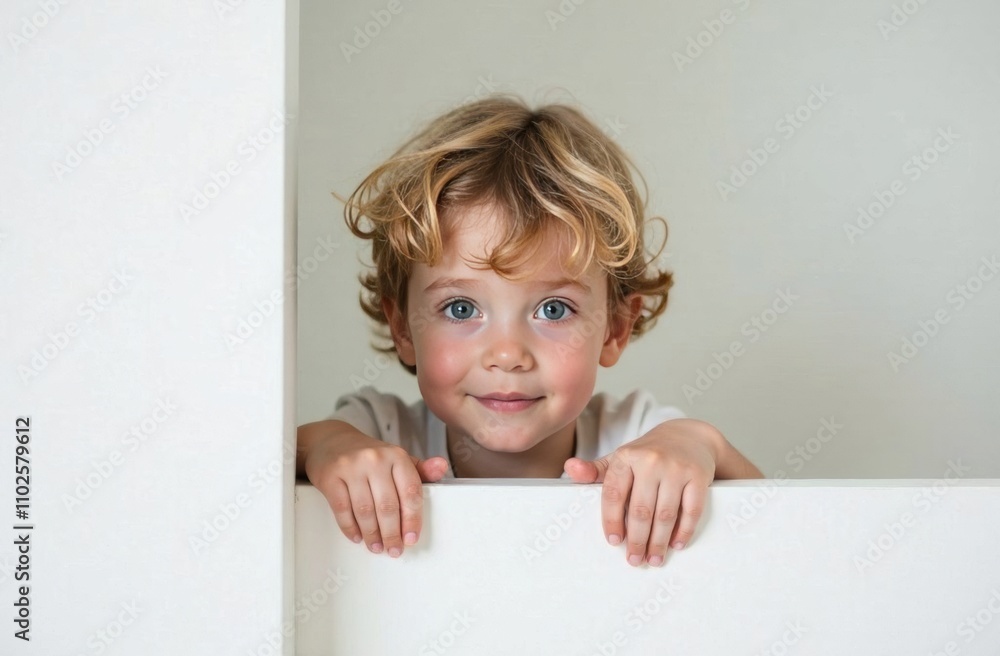 A young boy with curly blond hair leaning on a white surface, smiling gently with an innocent and endearing expression, set against a neutral background, perfect for family or lifestyle themes A young boy with curly blond hair leaning on a white surface, smiling gently with an innocent and endearing expression, set against a neutral background, perfect for family or lifestyle themes