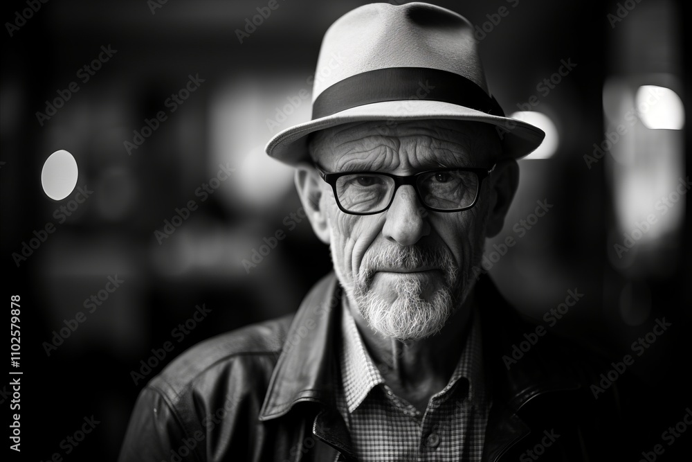 Portrait of an old man with hat and glasses. Black and white. Portrait of an old man with hat and glasses. Black and white.